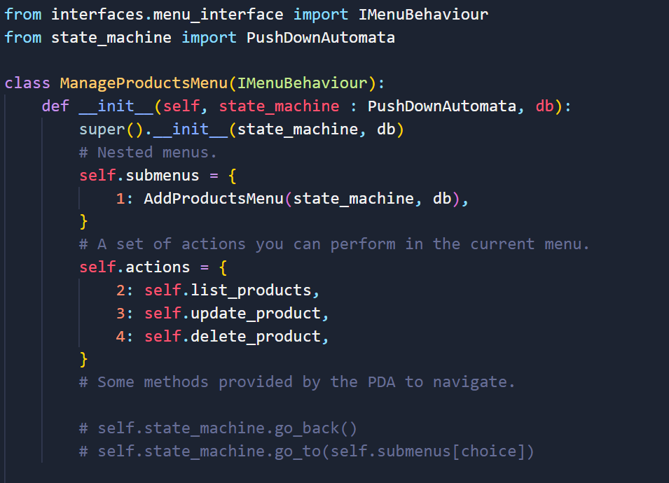 The IMenuBehaviour tells you what properties the class should have and how you should use the PDA to perform the navigation.